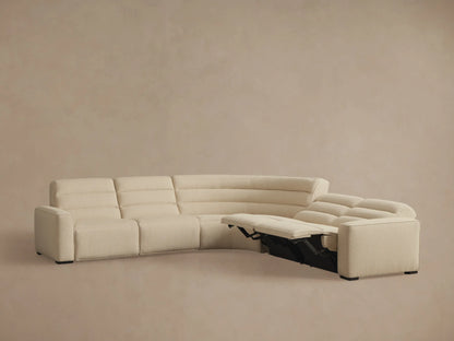 Cream Borough Five-Piece Motion Corner Sectional, with one left section reclined and backrests featuring horizontal tufting.