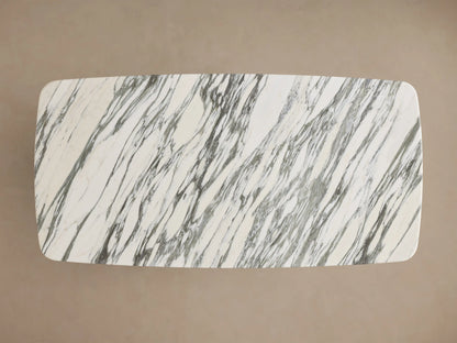 Front view of the Saint Germain Stone Coffee Table with Dauphine Base, featuring a white and gray marbled stone top and dark oak veneer bases.