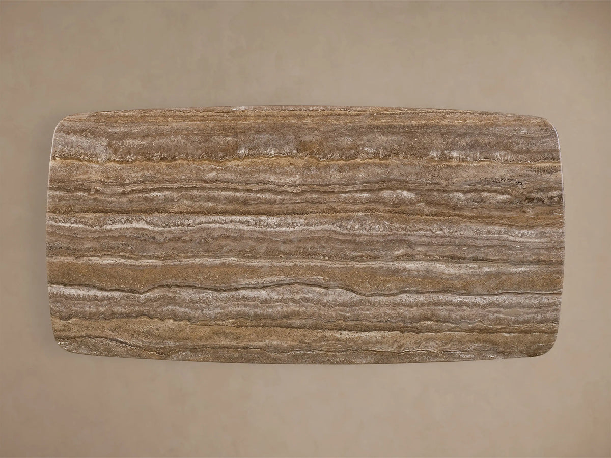 Front view of the Saint Germain Stone Coffee Table with Dauphine Base, featuring a striated beige stone top and dark brown oak bases.