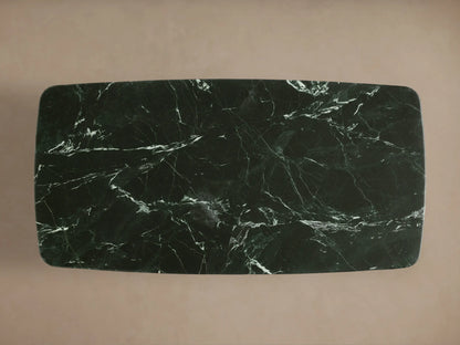 Front view of the dark green Saint Germain Stone Coffee Table with Dauphine Base, a honed stone top with white veining and two curved oak veneer bases.