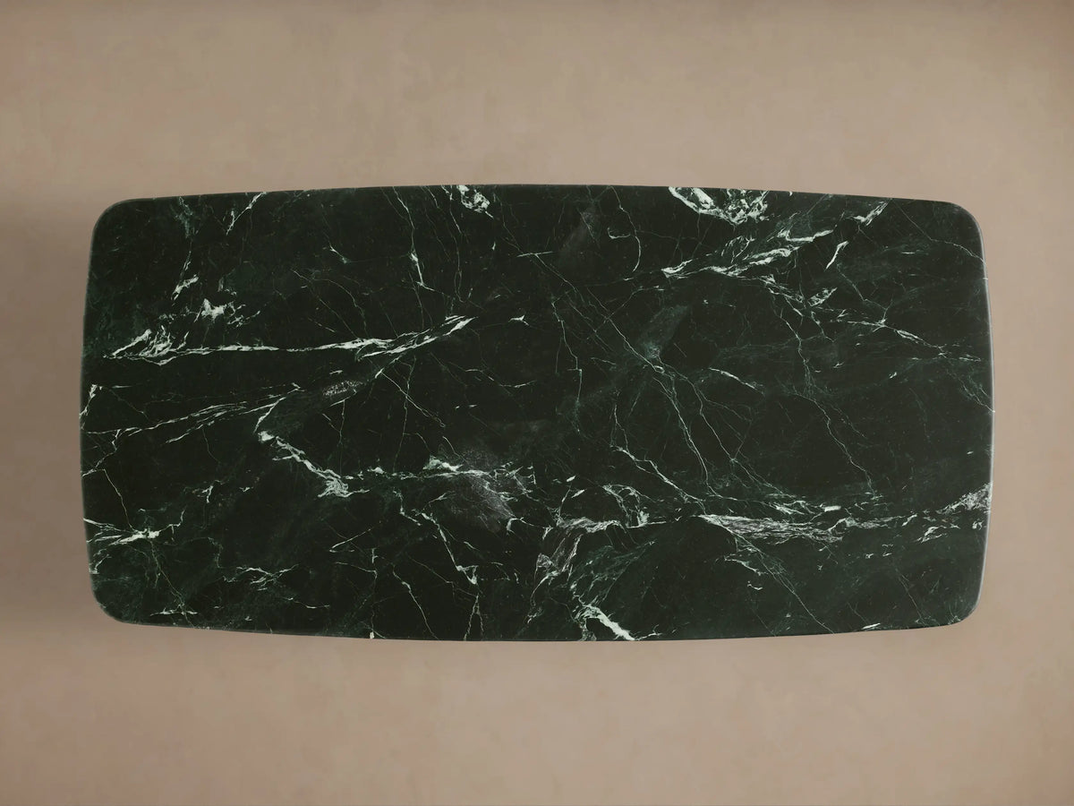 Front view of the dark green stone Saint Germain Stone Coffee Table with Dauphine Base, with two dark oak veneer bases.