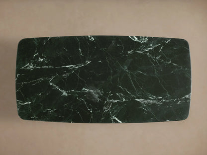 Front view of the Saint Germain Stone Coffee Table with Dauphine Base, featuring a dark green stone top with white veining and two black bases.