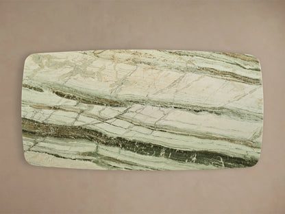 Front view of Saint Germain Stone Coffee Table with Dauphine Base, featuring a green striated stone top and two dark brown oak veneer bases.