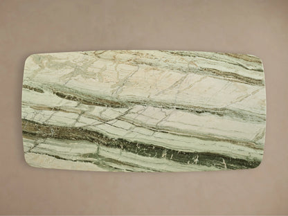 Front view of the Saint Germain Stone Coffee Table with Dauphine Base, featuring a green and white banded stone top and two light oak veneer bases.
