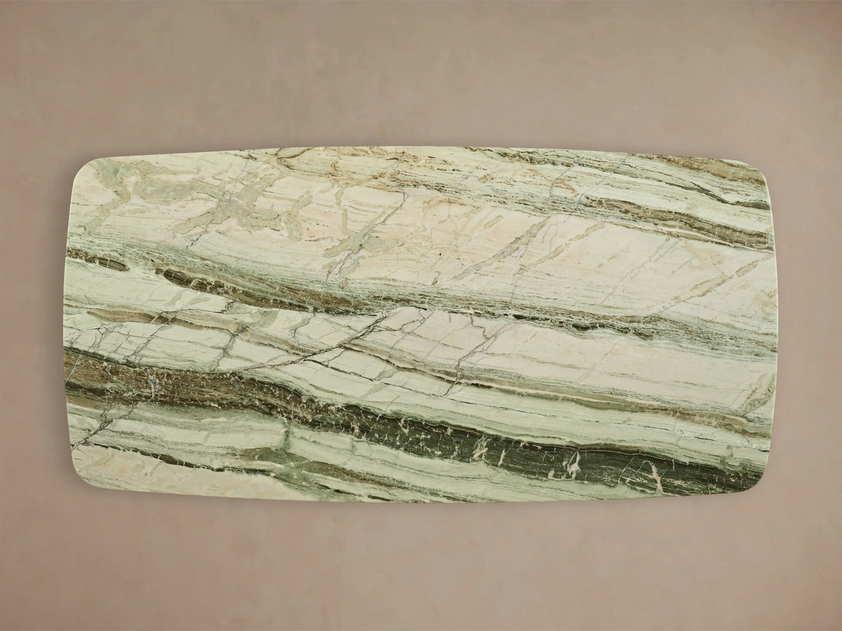 Front view of the Saint Germain Stone Coffee Table with Rennes Base, featuring a green and white striped stone top and dark solid oak legs.