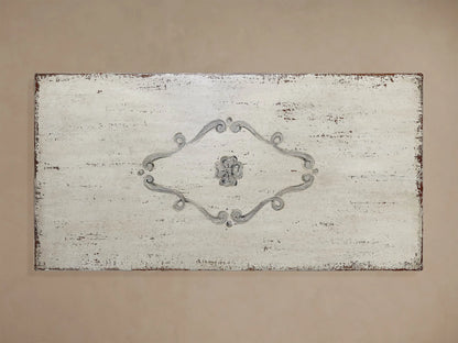 Biancca Bell'Arte rectangular dining table with distressed Antique White top, Antique Grey floral scroll, and pedestal base.