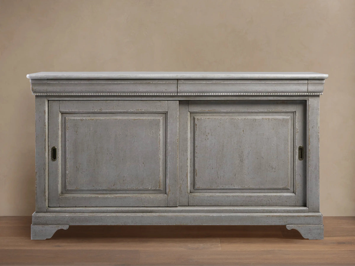 Giada Bell'Arte Console: Antique Grey distressed wooden cabinet with white marble top, two paneled sliding doors, decorative trim.