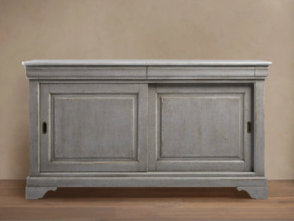Giada Bell'Arte Console: Antique Grey distressed wooden cabinet with white marble top, two paneled sliding doors, decorative trim.
