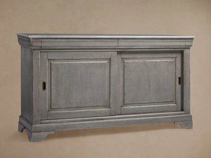 Giada Bell'Arte Console: Antique Grey distressed wooden cabinet with white marble top, two paneled sliding doors, decorative trim.