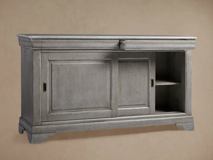 Close-up of Giada Bell'Arte Console corner. Distressed antique grey finish with rounded top and decorative beaded trim.
