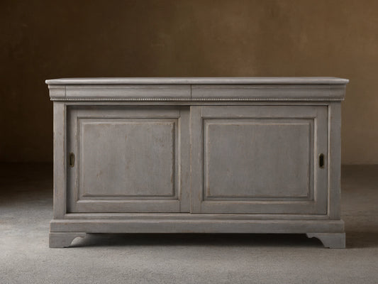 Giada Bell'Arte Console: Antique Grey distressed wooden cabinet with white marble top, two paneled sliding doors, decorative trim.
