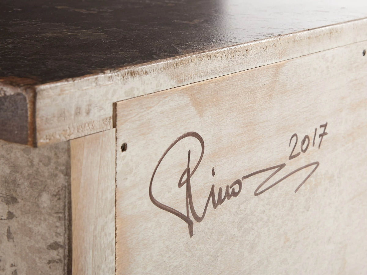Sofia Bell'Arte Demilune Cabinet with curved drawer pulled open, displaying hand-painted distressed finish and round ornate knob.