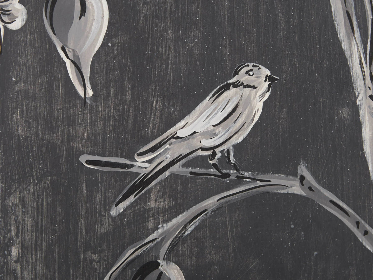 Sofia Bell'Arte Demilune Cabinet detail showing hand-signed "Rina 2017" on distressed wood with a light finish.