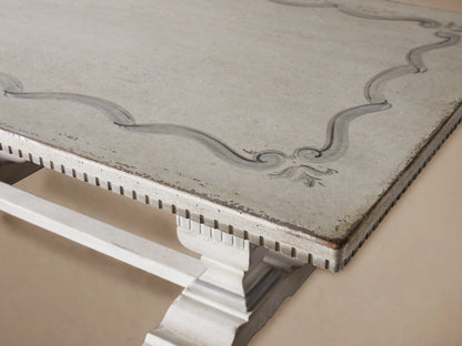 Rectangular Cerea Ribbon Bell'Arte Dining Table, distressed off-white with hand-painted ribbon border, ornate twin pedestal bases.