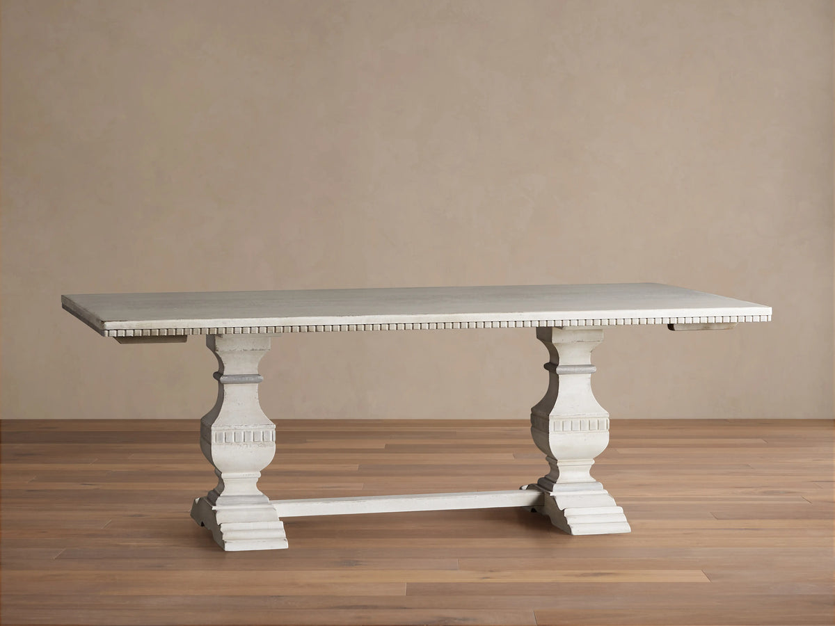 Cerea Amalfi Bell'Arte Dining Table with hand-painted runner, distressed finish, rectangular with two extensions, set on a beige background.