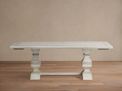 Cerea Margherita Bell'Arte Dining Table, distressed off-white, rectangular top with hand-painted diamond border, pedestal bases.