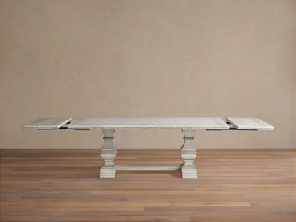 Cerea Margherita Bell'Arte Dining Table, distressed off-white, rectangular top with hand-painted diamond border, pedestal bases.