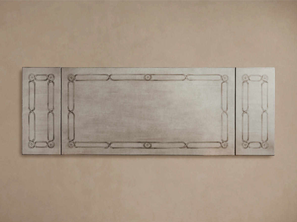Girardi Geo Link Bell'Arte Dining Table with a rectangular top featuring hand-painted Antique Grey geometric borders on Antique White finish.
