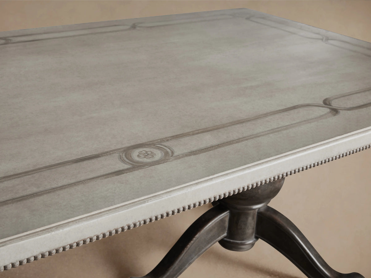 Girardi Geo Link Bell'Arte Dining Table in Antique White and Grey, with a hand-painted geometric border on a pedestal base.