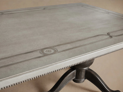 Girardi Geo Link Bell'Arte Dining Table in Antique White and Grey, with a hand-painted geometric border on a pedestal base.