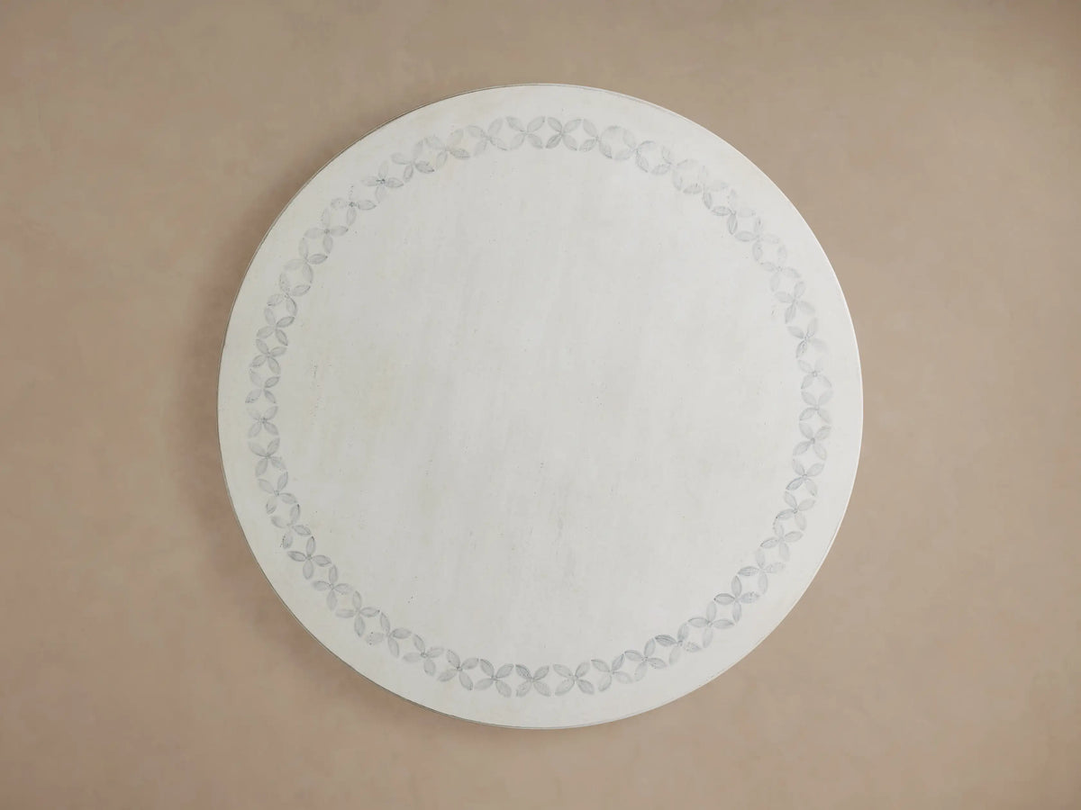Girardi Margherita Round Dining Table, distressed antique white, close-up of top with grey floral border, studded edge.