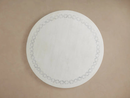 Girardi Margherita Round Dining Table, distressed antique white, close-up of top with grey floral border, studded edge.