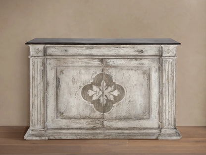 Messina Bell'Arte Buffet: distressed ivory grey cabinet with dark top, two doors with central floral pattern, fluted columns.