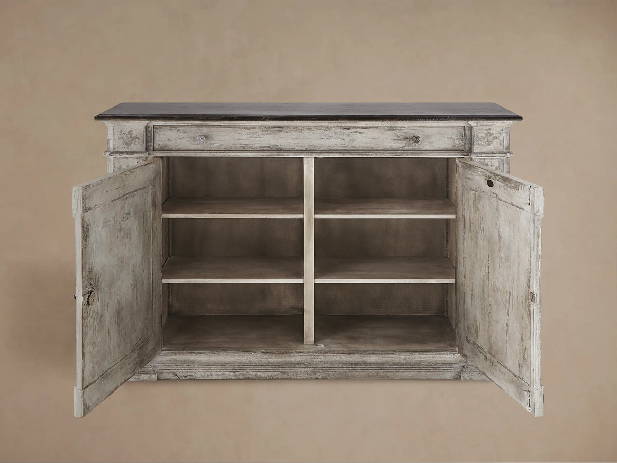 Messina Bell'Arte Buffet: distressed ivory grey cabinet with dark top, two doors with central floral pattern, fluted columns.