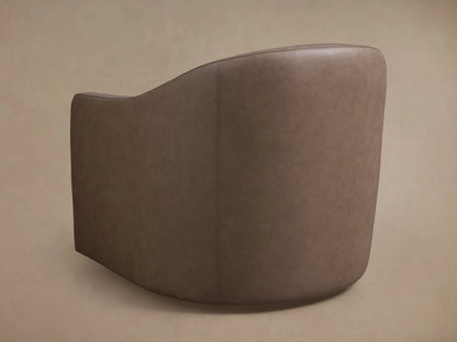 Close-up of the taupe brown Bianca Leather Swivel Chair, showing its curved backrest with fine stitching and a matching square cushion.