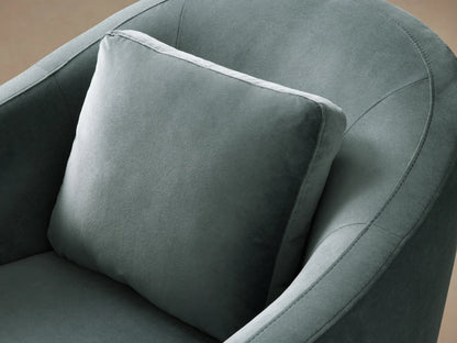 Front view of a muted teal Bianca Swivel Chair, upholstered in soft fabric, with a rounded silhouette and a loose back cushion.