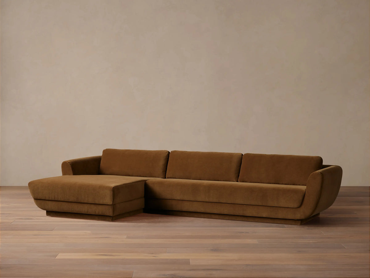 Fontana Two-Piece Chaise Sectional in bronze brown, with a left-facing chaise, featuring modern rounded arms on a wood floor.