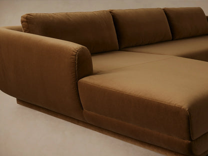 Fontana Two-Piece Chaise Sectional, rich brown velvet, left-facing chaise, modern low profile, on wood floor.