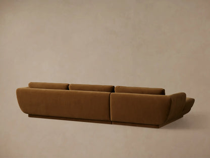 Fontana Two-Piece Chaise Sectional in rich brown fabric, with rounded armrest, three back cushions, and a low, distinct base.