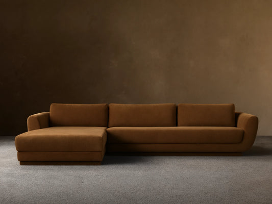 Fontana Two-Piece Chaise Sectional in bronze brown, with a left-facing chaise, featuring modern rounded arms on a wood floor.