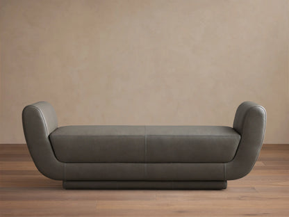 Front view of a dark gray Fontana Leather Bench with curved arms and a sleek, modern design.