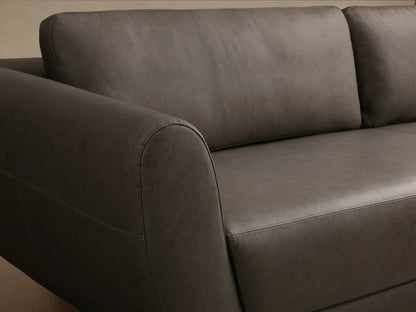 Front view of the dark gray Fontana Leather Sofa, featuring curved arms and two plush seat cushions.