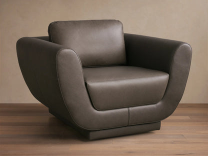 Front view of the Gray Fontana Leather Swivel Chair, featuring a modern design with gently curved arms and distinct cushions.