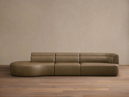 Front view of the taupe Lovina Leather Three-Piece Bumper Sectional, featuring a left bumper chaise, armless chair, and right arm chair.