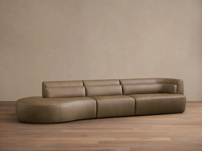 Front view of the taupe Lovina Leather Three-Piece Bumper Sectional, featuring a left bumper chaise, armless chair, and right arm chair.