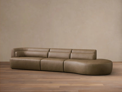 Front view of an olive brown Lovina Leather Three-Piece Bumper Sectional, featuring a rounded modular design and horizontal backrest ridges.