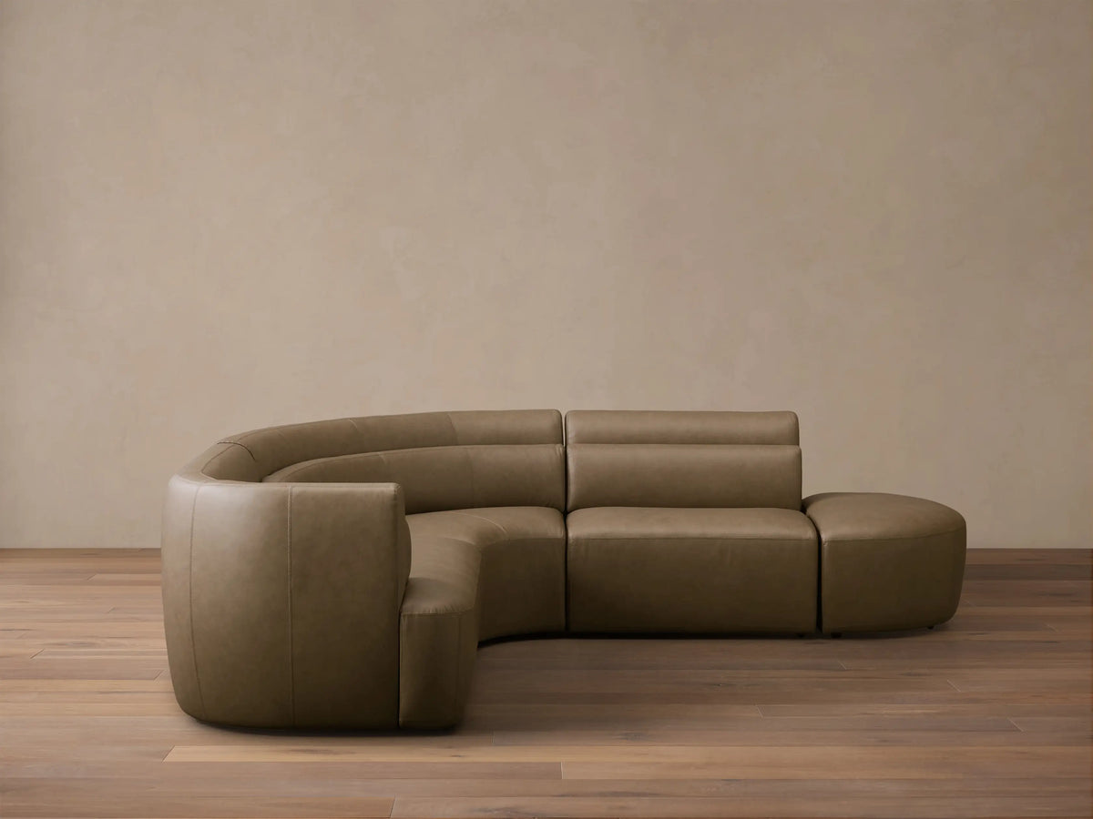 Full view of the olive-brown leather Lovina Leather Four-Piece Sectional with Ottoman with horizontal backrest detailing.