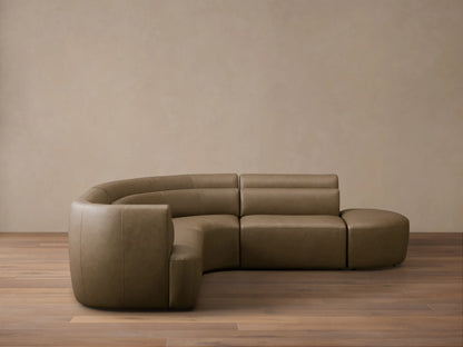 Full view of the olive-brown leather Lovina Leather Four-Piece Sectional with Ottoman with horizontal backrest detailing.