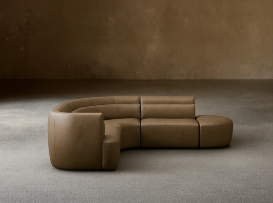 Full view of the olive-brown leather Lovina Leather Four-Piece Sectional with Ottoman with horizontal backrest detailing.