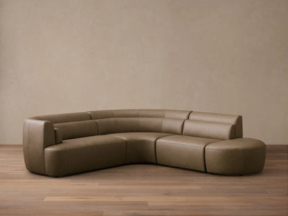 Full view of the olive-brown leather Lovina Leather Four-Piece Sectional with Ottoman with horizontal backrest detailing.