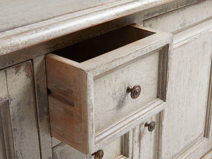 Alt text: Vittoria Bell'Arte Console in Ivory Grey and Dark Rust finish, showcasing open cabinet doors, adjustable shelves, and dovetail drawers with brass knobs.