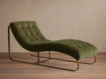 Front view of the olive green tufted velvet Callaway Chaise with a curved bronze metal frame and a long reclined seat.