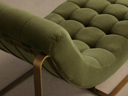 Side view of the green Callaway Chaise, featuring a tufted upholstered seat and back on a curved bronze metal frame.