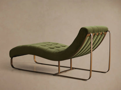 Angled close-up of the olive green Callaway Chaise, featuring deep tufted cushions and a sleek brass-colored metal frame.