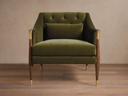 Rear-side view of an Olive Green Fisher Club Chair with tapered wooden legs, brass caps, and wooden armrest details.