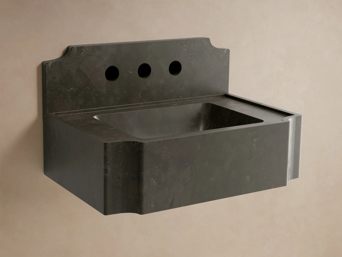 Front view of dark grey Dottie Wall-Mounted Sink with Backsplash, featuring an integrated, shaped backsplash and chrome faucet.
